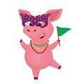 Mardi Gras carnaval funny cartoon character. Carnaval Pig with purpure venetian mask and purpure, green and yellow beads, isolated