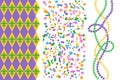 Mardi Gras carnival clip art design elements, beads, pattern with rhombuses and fleur de lis Royalty Free Stock Photo