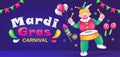 Mardi Gras Carnival. 3d illustration of a clown playing a drum with maracas ornament, fireworks and balloons