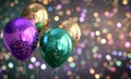 Mardi gras carnival decoration. Purple, green and gold balloons with a bokeh light background Royalty Free Stock Photo