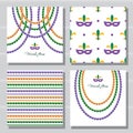 Mardi Gras carnival decorative template and seamless pattern set. Glossy colorful beads and venetian mask. Vector