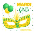 Mardi Gras carnival. Greeting card with ballons and mask. Masquerade party. Carnaval background for poster, postcard, party invita