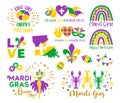 Mardi Gras carnival lettering quotes flat style. Collection mask with feathers, beads, jester hat, fleur de lis Royalty Free Stock Photo