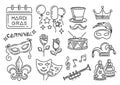 Mardi Gras carnival line icons set