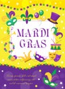 Mardi Gras carnival poster, invitation, greeting card. Happy Mardi Gras Template for your design with mask feathers Royalty Free Stock Photo