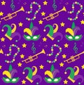 Mardi Gras Carnival seamless pattern with mask feathers, beads. endless background, texture, wallpaper. Vector