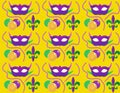 Mardi Gras Carnival seamless pattern with mask feathers, beads. endless background, texture, wallpaper. Vector