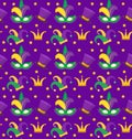 Mardi Gras Carnival seamless pattern with mask feathers, crown, clown hat. endless background, texture, wallpaper