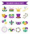 Mardi Gras carnival set icons, design element , flat style. Collection, mask with feathers