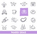 Mardi Gras carnival set icons, design element , linear style. Collection Mardi Gras, mask with feathers, beads and other Royalty Free Stock Photo