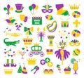 Mardi Gras carnival set icons, flat style. Collection Mardi Gras, mask with feathers, beads, jester hat, fleur de lis Royalty Free Stock Photo