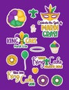 Mardi Gras carnival stickers. Festive King Cake, cupcake and donuts with colorful icing, baby Jesus toy, masks Royalty Free Stock Photo