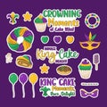 Mardi Gras carnival stickers set. Festive King Cake, cupcake and donuts with colorful icing, baby Jesus toy, balloon Royalty Free Stock Photo