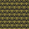 Mardi Gras carnival vector seamless pattern with gold fleur-de-lis and rhombus on black background. Royalty Free Stock Photo