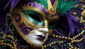 Mardi Gras celebration, mask, costume, elegance, glamour, tradition generated by AI