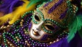 Mardi Gras celebration, mask, costume, parade, elegance, beauty generated by AI