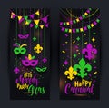 Mardi Gras colored vertical banners set with a mask and fleur-de-lis, isolated on black background. Vector illustration. Royalty Free Stock Photo