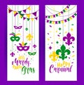 Mardi Gras colored vertical banners set with a mask and fleur-de-lis, isolated on white background. Vector illustration. Royalty Free Stock Photo