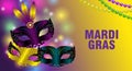 Mardi gras colorful background with three carnival masks and feathers. Banner, poster or greeting card with shining beads. Vector