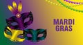 Mardi gras colorful background with three carnival masks and feathers. Greeting card, banner or poster with shining beads. Vector