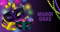 Mardi gras colorful background with three carnival masks and feathers. Poster, banner or greeting card with shining beads. Vector