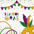 Mardi gras colorful background with triangular festoons and necklaces and confetti and feathers