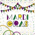 Mardi gras colorful background with triangular festoons and necklaces and confetti