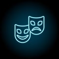 Mardi gras, comedy and tragedy masks blue neon icon. Simple thin line, outline vector of mardi gras icons for ui and ux, website Royalty Free Stock Photo