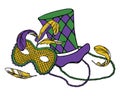 Mardi Gras composition. Group of carnival mask with feathers, beads and hat. Color vector