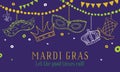 Mardi Gras composition with masks, crowns and hat hanging on beads. Vector hand drawn sketch color