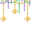 Mardi Gras decorative background with colorful traditional beads and gold symbols, vector illustration Royalty Free Stock Photo