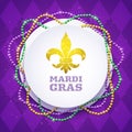 Mardi Gras decorative round banner with colorful traditional beads, vector illustration Royalty Free Stock Photo