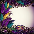 colorful violet illustration feathers border frame mardi gras, ai generated