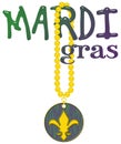 Mardi Gras Glass Letters and Beads with Doubloon Illustration Isolated on White with Clipping Path Royalty Free Stock Photo