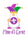 Mardi Gras Gnome in a jester hat holds a doubloon