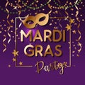 Mardi Gras gold glitter text with sparkles. Fleur-de-Lis lily symbol for masquerade carnival. American New Orleans Fat Tuesday Royalty Free Stock Photo