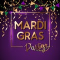 Mardi Gras gold glitter text with sparkles. Fleur-de-Lis lily symbol for masquerade carnival. American New Orleans Fat Tuesday Royalty Free Stock Photo