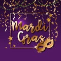 Mardi Gras gold glitter text with sparkles. Fleur-de-Lis lily symbol for masquerade carnival. American New Orleans Fat Tuesday Royalty Free Stock Photo