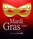 Mardi Gras golden carnival mask with ornaments for poster, greeting card, party invitation, banner or flyer on beautiful red backg Royalty Free Stock Photo