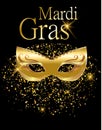 Mardi Gras golden carnival mask for poster, greeting card, party invitation, banner or flyer on black background with golden sand