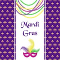 Mardi Gras hliday card. Seamless pattern with fleur de lis or lily texture. Greeting inscription, carnival mask with feathers and Royalty Free Stock Photo