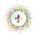 Mardi Gras holiday background. Round dotted frame with colorful fleur de lis.