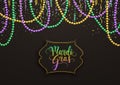 Mardi Gras holiday decorative postcard with colorful beads and calligraphic lettering, vector illustration Royalty Free Stock Photo