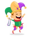 Mardi Gras jester holding necklaces Royalty Free Stock Photo