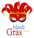 Mardi Gras Jester`s red carnival mask with ornaments for poster, greeting card, party invitation, banner or flyer on white backgro Royalty Free Stock Photo