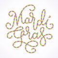 Mardi Gras lettering consist of gold, green, purple beads