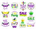 Mardi Gras lettering typography set. Emblems, logo with text sign