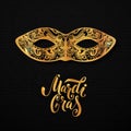 Mardi gras mask illustration. Vector golden type at black paper background. Masquerade invitation design. Royalty Free Stock Photo