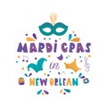 .1..MARDI GRAS IN NEW ORLEAN carnival party vector masquerade celebration festival icon design flat style. Colorful lettering with