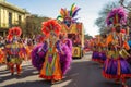 mardi gras parade, with colorful floats and dancers parading through the streets